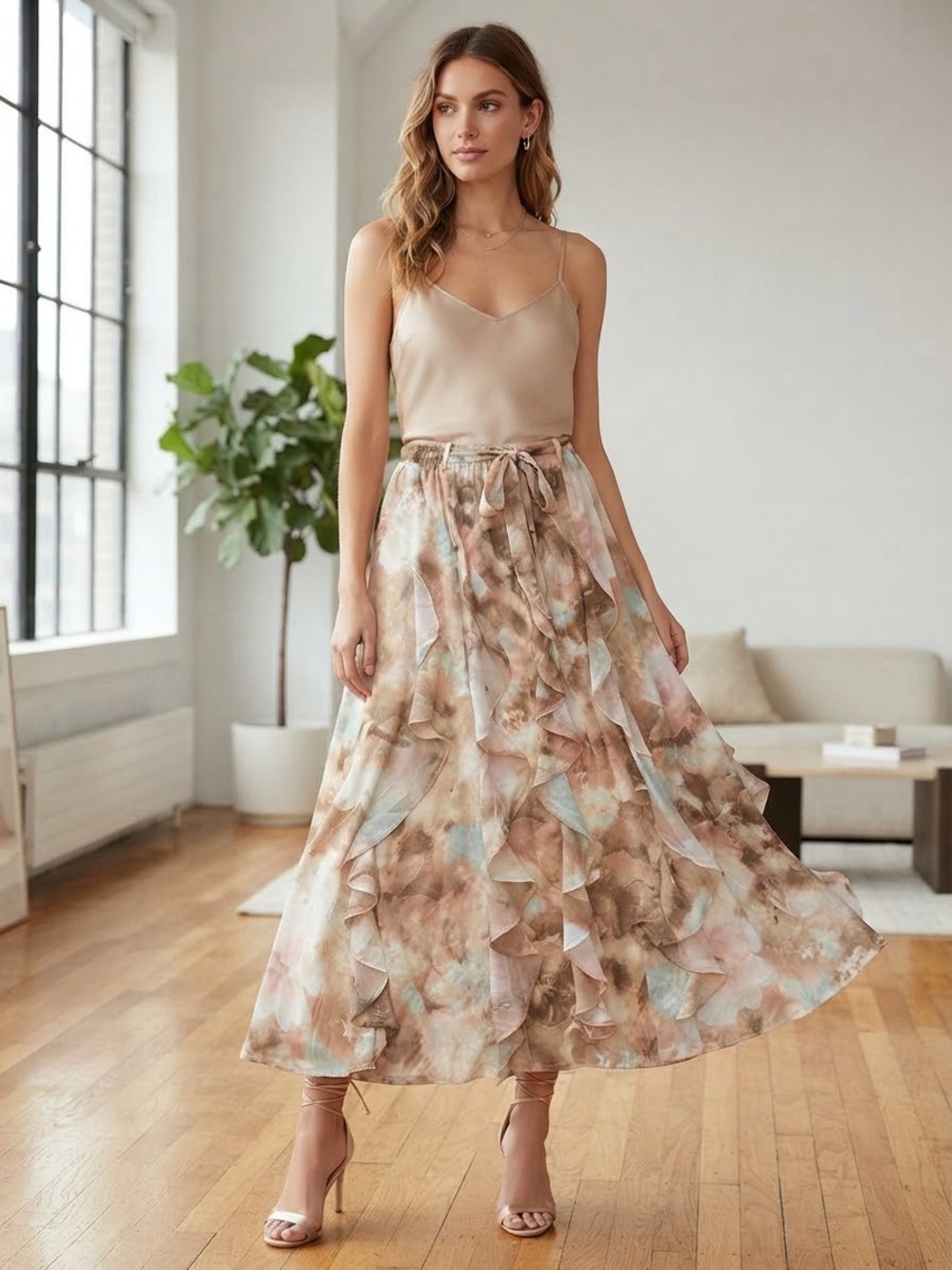 Alice Blue Neutral Watercolor Ruffle Maxi Skirt - Women - Picture 6 of 8